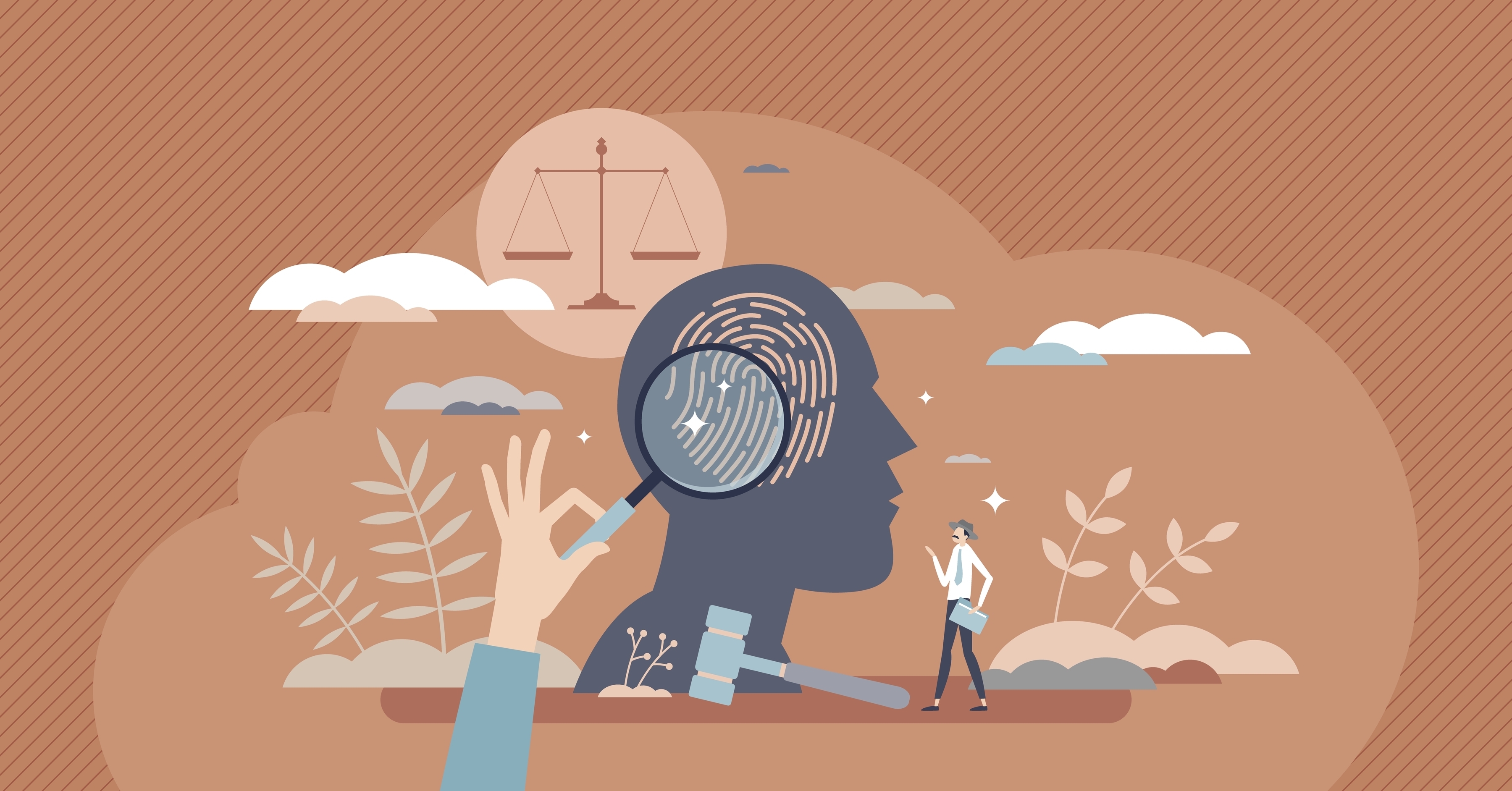 An artistic illustration symbolizing forensic science and law. It features a head silhouette filled with a fingerprint pattern, a magnifying glass, scales of justice, a gavel, and a briefcase, all elements representing investigation and justice.