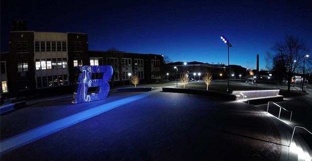 B sculpture at night
